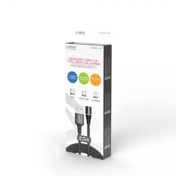 USB 2.0 kabelis SAVIO CL-155, USB A uz maināmu USB-C / Micro-USB B / Lightning, 2 m, melns