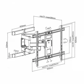 Fiksēts TV sienas stiprinājums MACLEAN MC-881 37–85 collām, VESA līdz 600x400, slodze 60 kg, melns
