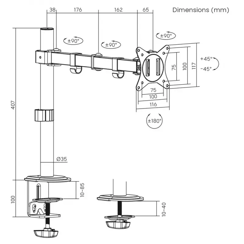 Monitora galda stiprinājums MACLEAN MC-753N 17–32 collu ekrāniem, VESA 75x75 / 100x100, max 9 kg, slīpums ±45°, pagrieziens ±180°, augstuma regulējams