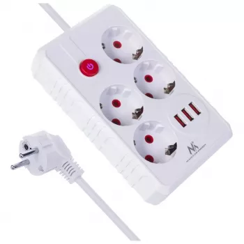 Pagarinātājs MACLEAN MCE393 W — 4 kontaktligzdas + 3×USB, 110–240V, 2.1A USB, 2500W, 3 m, balts