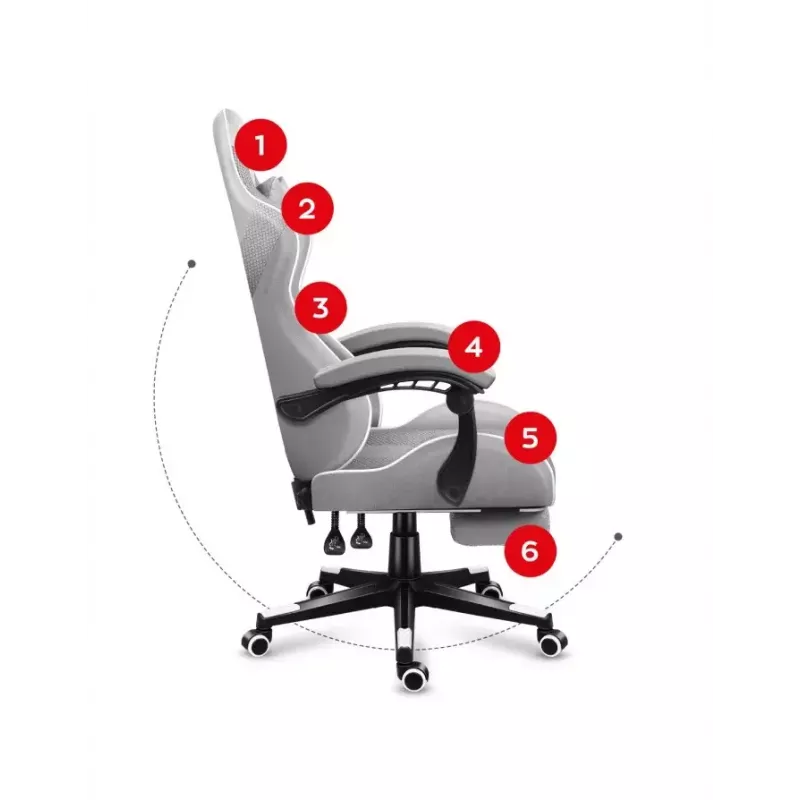 Spēļu krēsls Huzaro FORCE 4.7 Bucket Seat Pelēks — audums, polsterēts sēdeklis un atzveltne, kāju balsts, max svars 140 kg, augstums 113–123 cm
