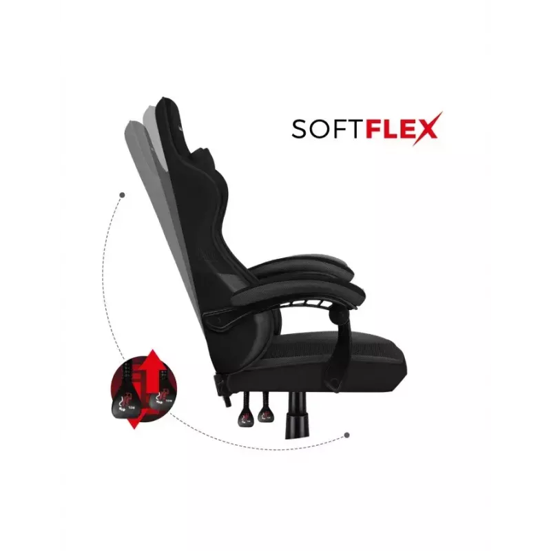 Spēļu krēsls Huzaro FORCE 4.4 CARBON — auduma kausveida sēdeklis, augstums 115–125 cm, max slodze 130 kg, tērauda pamatne, regulējami roku balsti