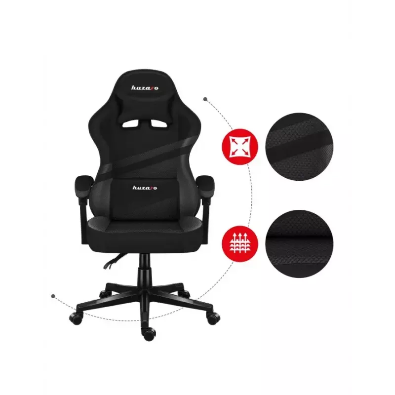 Spēļu krēsls Huzaro FORCE 4.4 CARBON — auduma kausveida sēdeklis, augstums 115–125 cm, max slodze 130 kg, tērauda pamatne, regulējami roku balsti