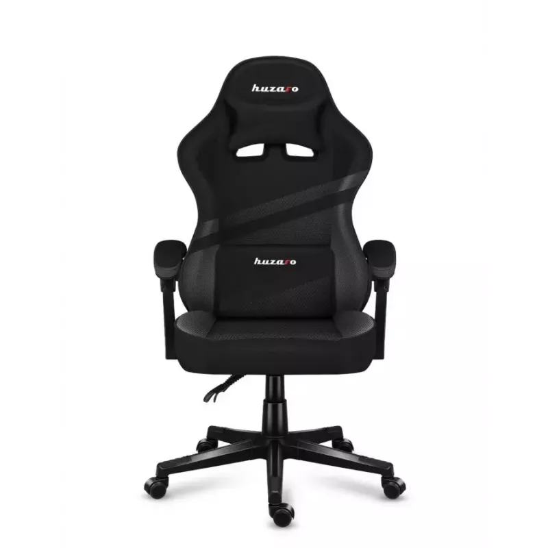 Spēļu krēsls Huzaro FORCE 4.4 CARBON — auduma kausveida sēdeklis, augstums 115–125 cm, max slodze 130 kg, tērauda pamatne, regulējami roku balsti