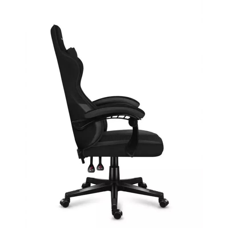 Spēļu krēsls Huzaro FORCE 4.4 CARBON — auduma kausveida sēdeklis, augstums 115–125 cm, max slodze 130 kg, tērauda pamatne, regulējami roku balsti