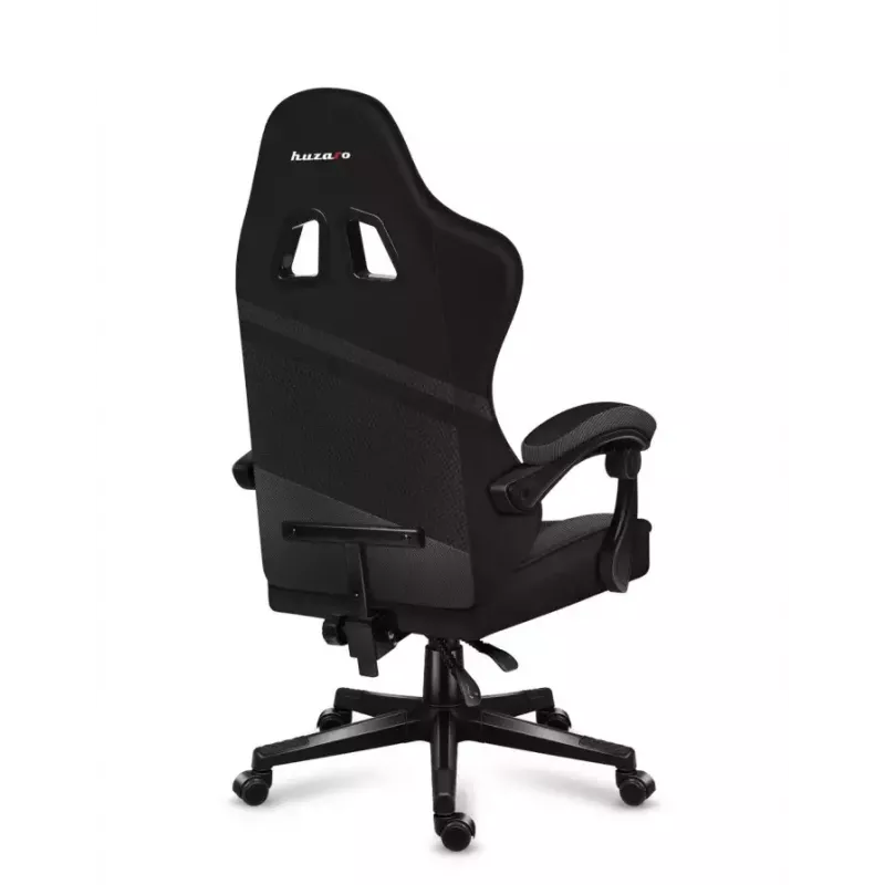 Spēļu krēsls Huzaro FORCE 4.4 CARBON — auduma kausveida sēdeklis, augstums 115–125 cm, max slodze 130 kg, tērauda pamatne, regulējami roku balsti