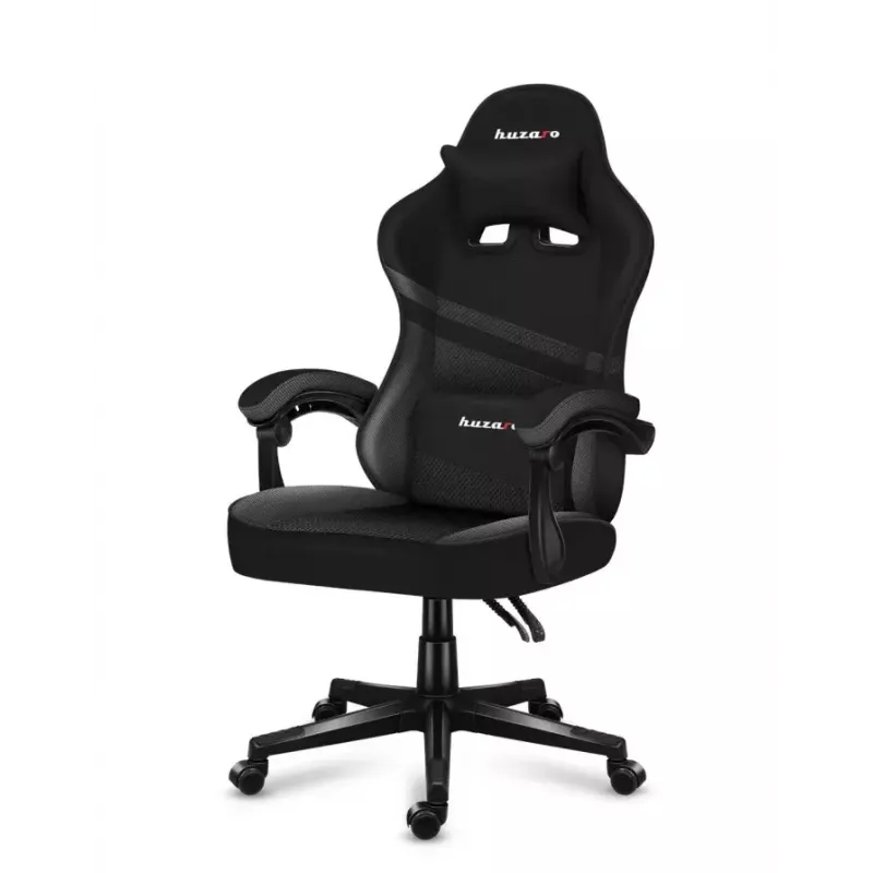 Spēļu krēsls Huzaro FORCE 4.4 CARBON — auduma kausveida sēdeklis, augstums 115–125 cm, max slodze 130 kg, tērauda pamatne, regulējami roku balsti