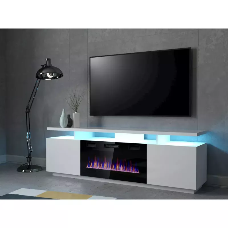 TV skapis Cama Meble EVA ar elektrisko kamīnu 180×40×52 cm, balts rāmis, spīdīgi baltas durvis, MDF virsma
