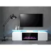 TV skapis Cama Meble EVA ar elektrisko kamīnu 180×40×52 cm, balts rāmis, spīdīgi baltas durvis, MDF virsma
