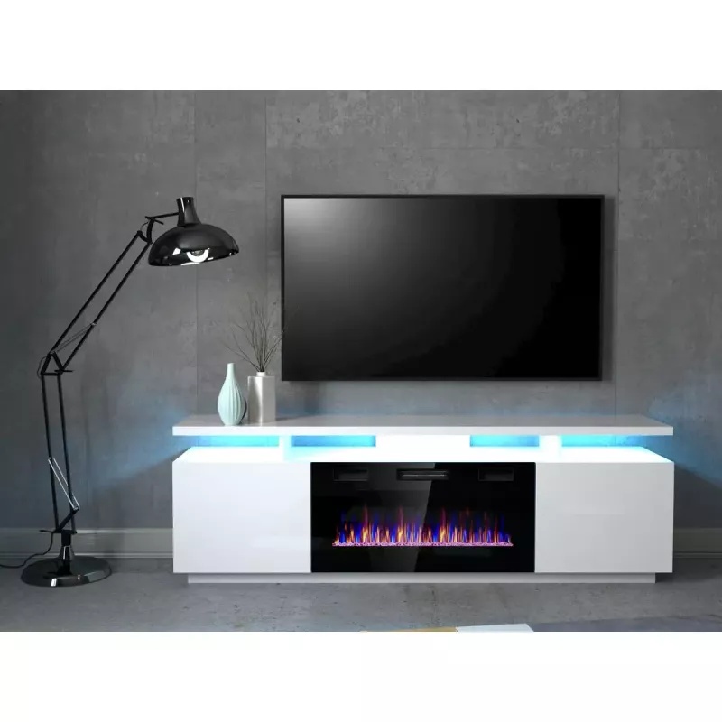 TV skapis Cama Meble EVA ar elektrisko kamīnu 180×40×52 cm, balts rāmis, spīdīgi baltas durvis, MDF virsma