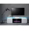 TV skapis Cama Meble EVA ar elektrisko kamīnu 180×40×52 cm, balts rāmis, spīdīgi baltas durvis, MDF virsma
