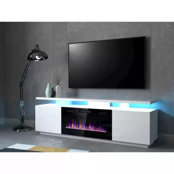 TV skapis Cama Meble EVA ar elektrisko kamīnu 180×40×52 cm, balts rāmis, spīdīgi baltas durvis, MDF virsma