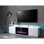 TV skapis Cama Meble EVA ar elektrisko kamīnu 180×40×52 cm, balts rāmis, spīdīgi baltas durvis, MDF virsma