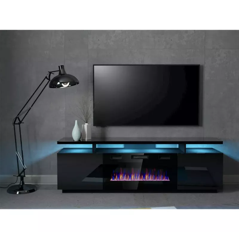 TV skapis Cama Meble EVA ar elektrisko kamīnu 180x40x52 cm, melns/spīdīgi melns