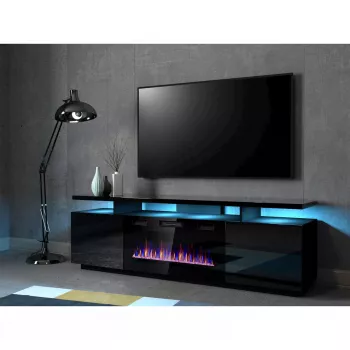TV skapis Cama Meble EVA ar elektrisko kamīnu 180x40x52 cm, melns/spīdīgi melns