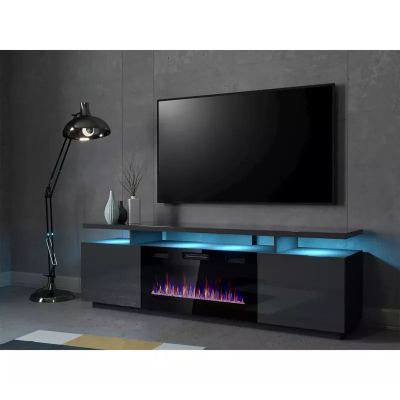 TV skapis Cama Meble EVA ar elektrisko kamīnu 180x40x52 cm grafīts/spīdīgs grafīts