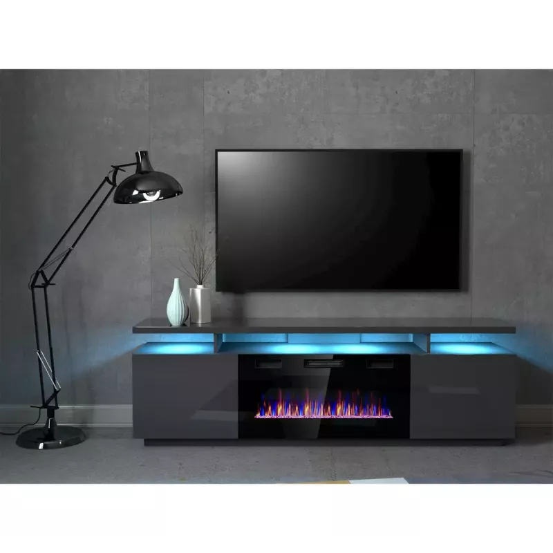 TV skapis Cama Meble EVA ar elektrisko kamīnu 180x40x52 cm grafīts/spīdīgs grafīts