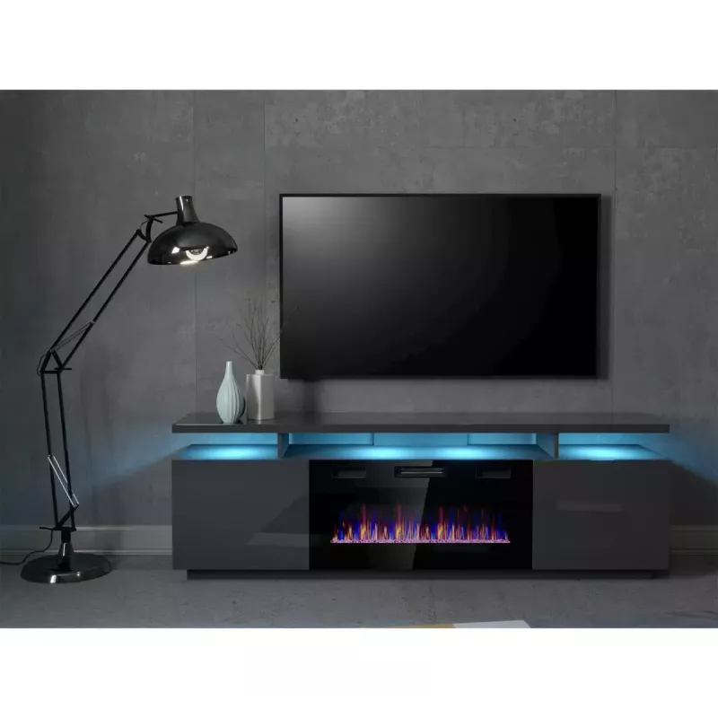 TV skapis Cama Meble EVA ar elektrisko kamīnu 180x40x52 cm grafīts/spīdīgs grafīts