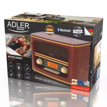 Pārnēsājamais radio Adler AD 1187 — FM, 10 W RMS, LCD displejs, brūns, 300×140×210 mm