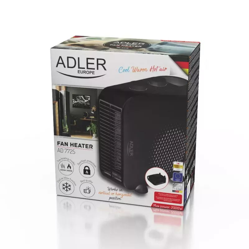 Sildītājs ventilators Adler AD 7725B, 2000 W, 2 jaudas līmeņi, regulējams termostats, melns