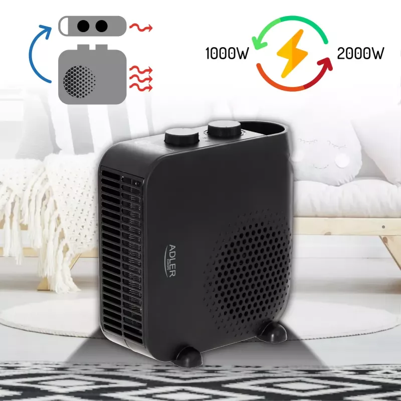 Sildītājs ventilators Adler AD 7725B, 2000 W, 2 jaudas līmeņi, regulējams termostats, melns