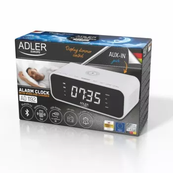 Modinātājs Adler AD 1192W — kompakts galda pulkstenis ar bezvadu lādētāju un AUX ieeju, balts