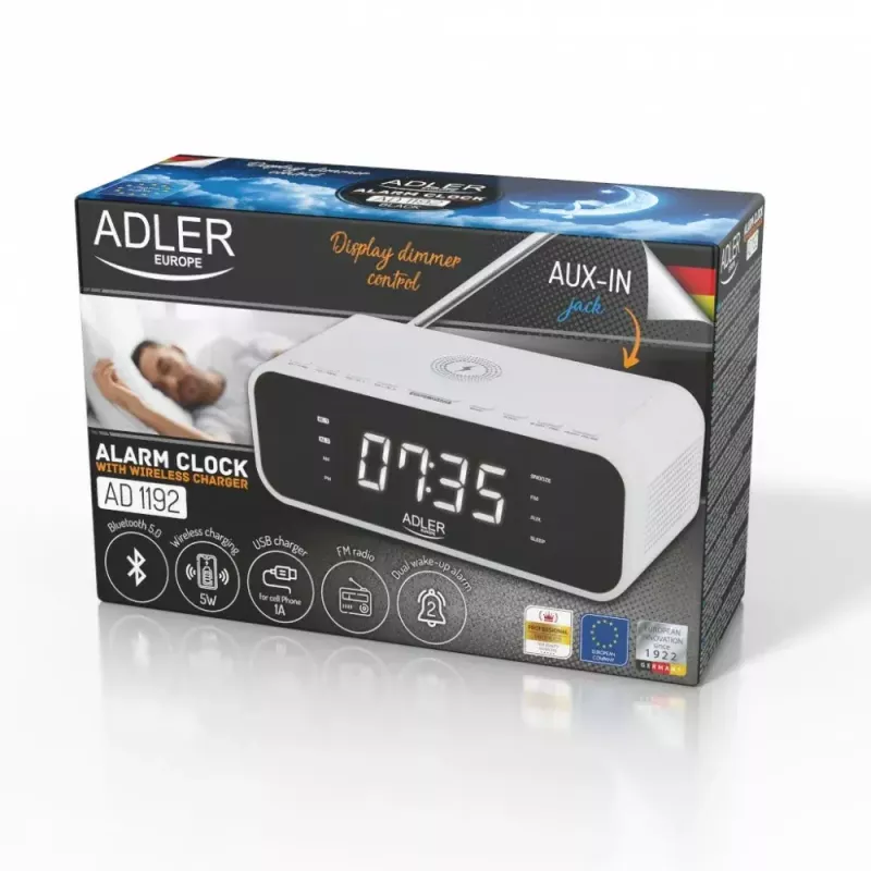 Modinātājs Adler AD 1192W — kompakts galda pulkstenis ar bezvadu lādētāju un AUX ieeju, balts