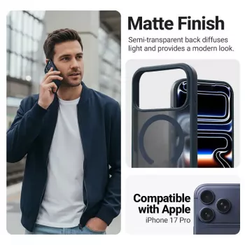 Aizsargmaciņš Crong Hybrid Matte Magnetic iPhone 17 Pro — PC + TPU, caurspīdīgi tumši zils