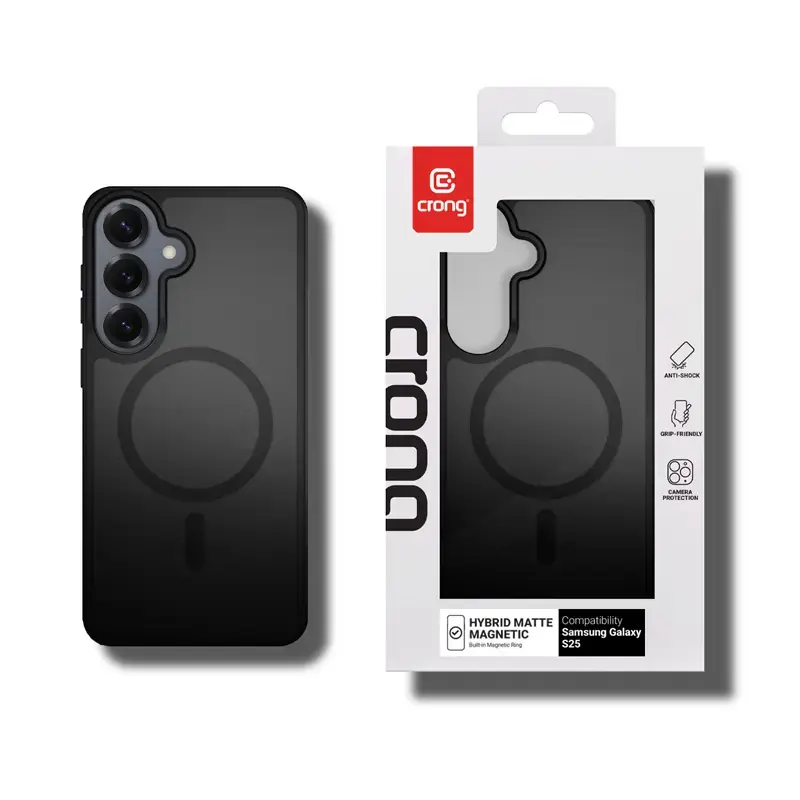 Crong Hybrid Matte Magnetic maciņš Samsung Galaxy S25 — TPU+PC, magnētiskie gredzeni, melns