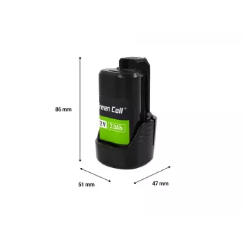 Akumulators bezvadu instrumentiem Green Cell PTBO12V3 — Li‑Ion 3 Ah, izmēri 5,1×4,7×8,6 cm