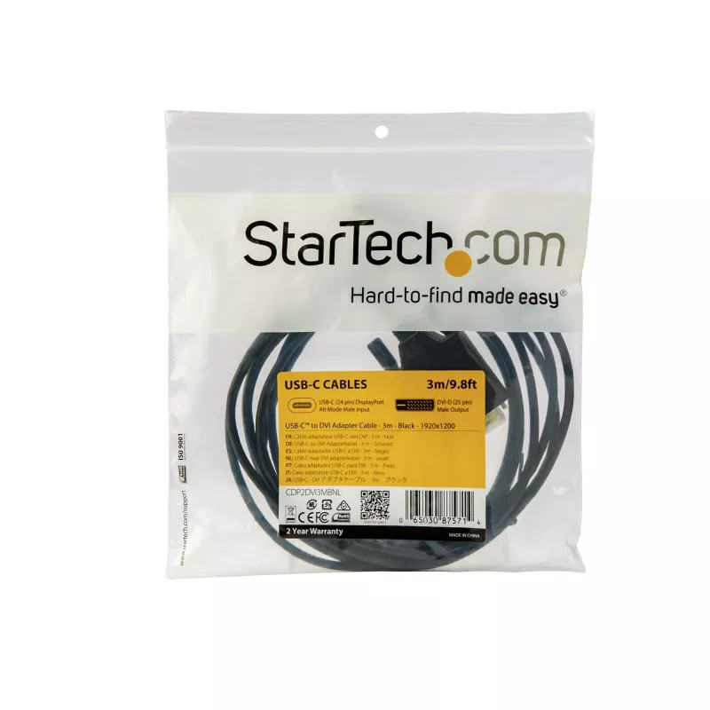 StarTech.com 10ft (3m) USB-C uz DVI kabelis - 1080p (Single Link) USB Type-C (DP Alt Mode HBR2) uz DVI-D digitālā video adaptera kabelis - darbojas ar Thunderbolt 3 - klēpjdatora savienošana ar DVI monitoru