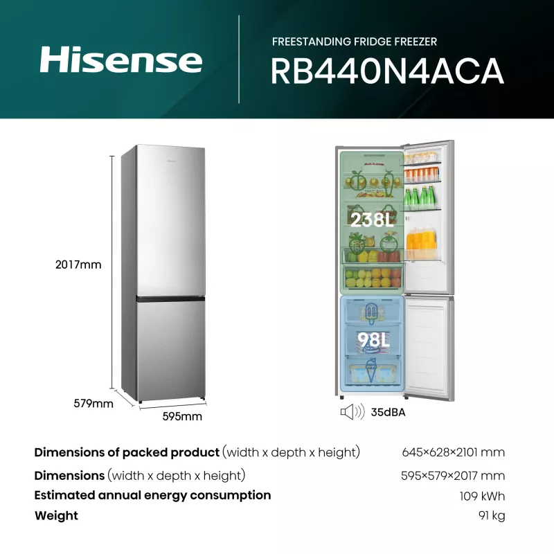Hisense RB440N4ACA Brīvstāvošs Ledusskapis 336 L Nerūsējošais tērauds