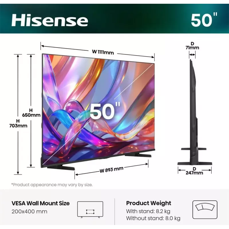 Televizors Hisense 50Q7S 50 collas (127 cm) QLED 4K Ultra HD Smart TV, Direct-LED, HomeOS, Wi-Fi, Melns