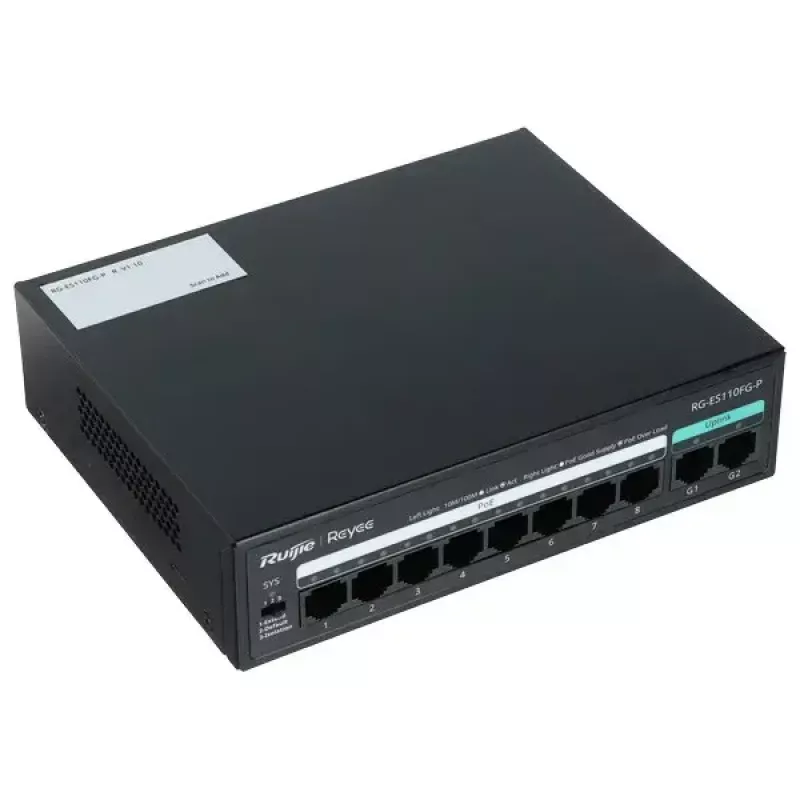RUIJIE nekonfigurējams PoE slēdzis RG-ES110FG-P — 10 portu Gigabit (10/100/1000) ar 1 SFP, 120W, 20 Gbps pārslēgšana