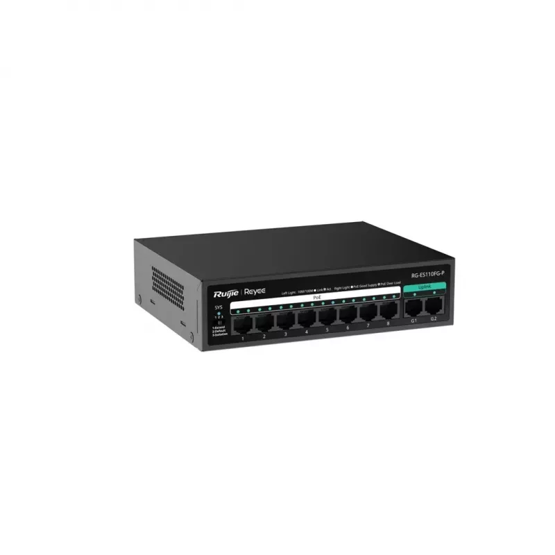 RUIJIE nekonfigurējams PoE slēdzis RG-ES110FG-P — 10 portu Gigabit (10/100/1000) ar 1 SFP, 120W, 20 Gbps pārslēgšana