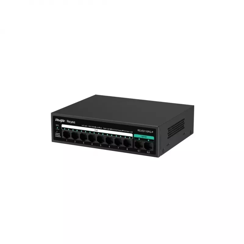 RUIJIE nekonfigurējams PoE slēdzis RG-ES110FG-P — 10 portu Gigabit (10/100/1000) ar 1 SFP, 120W, 20 Gbps pārslēgšana