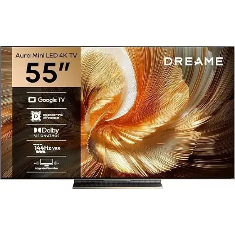 Smart TV Dreame Aura S100 55 collas, QLED+ (Mini LED), 4K UHD, Google TV, 144Hz, AI procesors, integrēta skaņas josla, melns