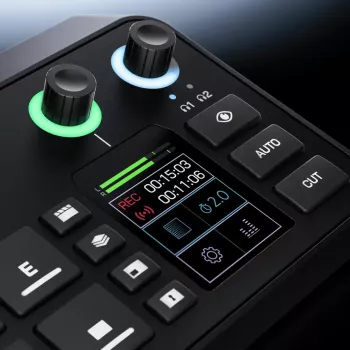 Daudzkanālu podkāstu un tiešraides producēšanas konsole Rode RodeCaster Video S RCVS-E — skārienekrāns, Wi‑Fi, Bluetooth 5.3, 5x USB-C, 3x HDMI ieeja, 1x HDMI izeja, microSD