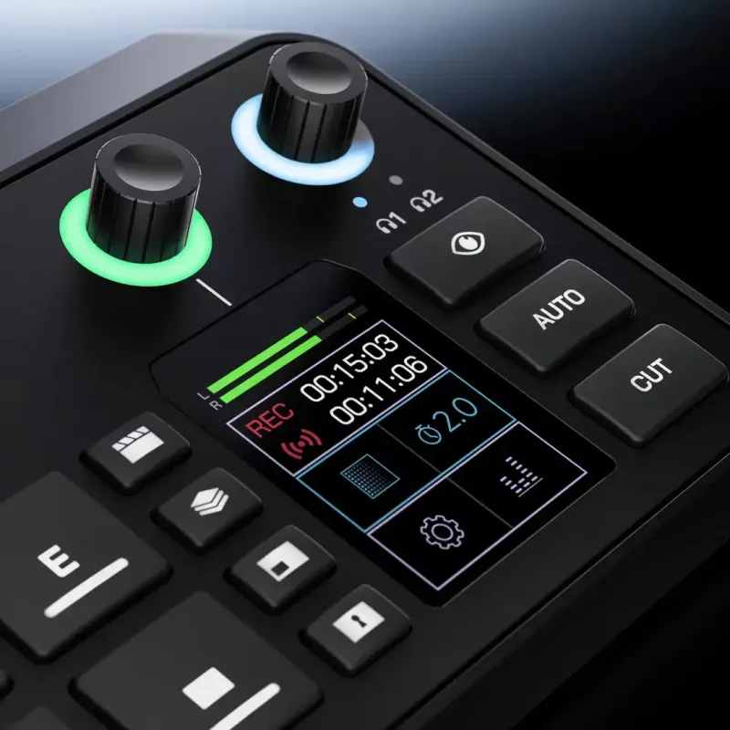 Daudzkanālu podkāstu un tiešraides producēšanas konsole Rode RodeCaster Video S RCVS-E — skārienekrāns, Wi‑Fi, Bluetooth 5.3, 5x USB-C, 3x HDMI ieeja, 1x HDMI izeja, microSD