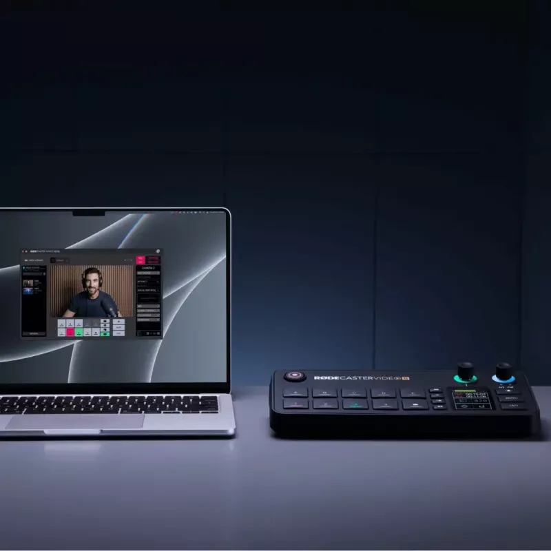 Daudzkanālu podkāstu un tiešraides producēšanas konsole Rode RodeCaster Video S RCVS-E — skārienekrāns, Wi‑Fi, Bluetooth 5.3, 5x USB-C, 3x HDMI ieeja, 1x HDMI izeja, microSD