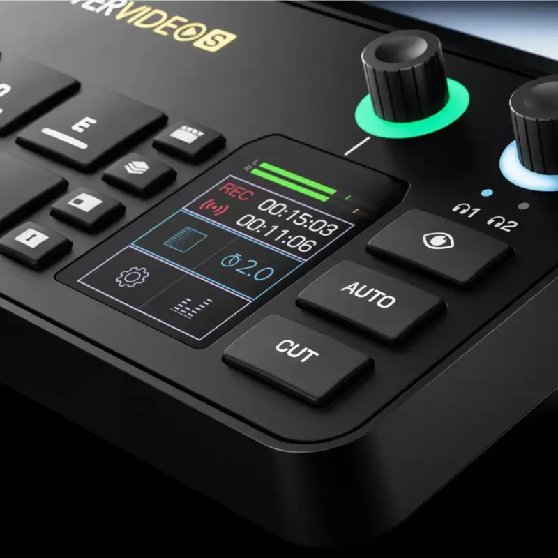 Daudzkanālu podkāstu un tiešraides producēšanas konsole Rode RodeCaster Video S RCVS-E — skārienekrāns, Wi‑Fi, Bluetooth 5.3, 5x USB-C, 3x HDMI ieeja, 1x HDMI izeja, microSD