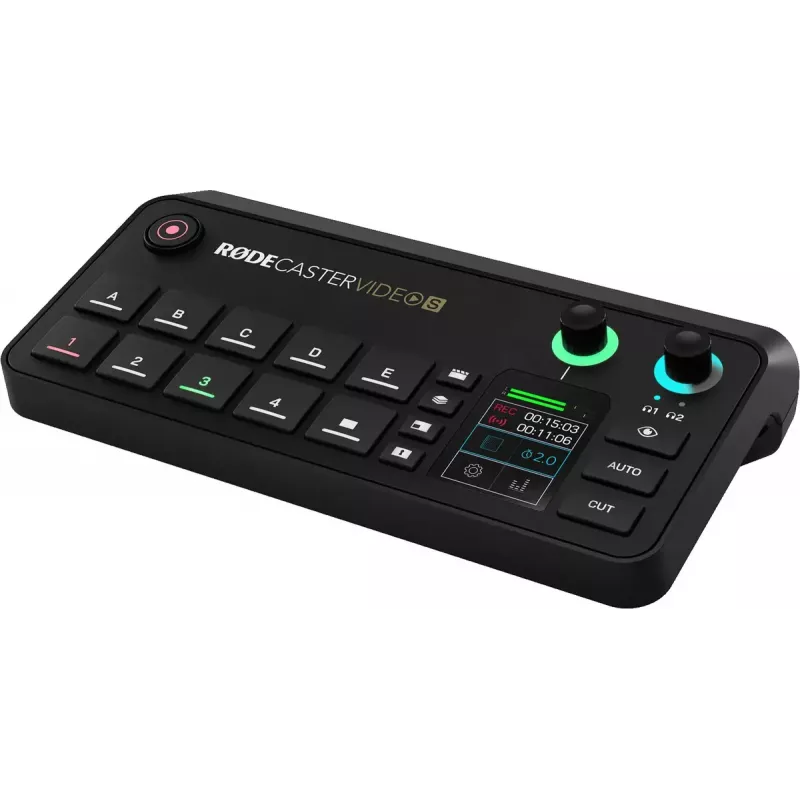 Daudzkanālu podkāstu un tiešraides producēšanas konsole Rode RodeCaster Video S RCVS-E — skārienekrāns, Wi‑Fi, Bluetooth 5.3, 5x USB-C, 3x HDMI ieeja, 1x HDMI izeja, microSD