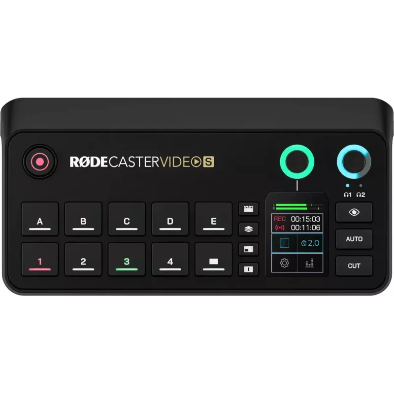 Daudzkanālu podkāstu un tiešraides producēšanas konsole Rode RodeCaster Video S RCVS-E — skārienekrāns, Wi‑Fi, Bluetooth 5.3, 5x USB-C, 3x HDMI ieeja, 1x HDMI izeja, microSD
