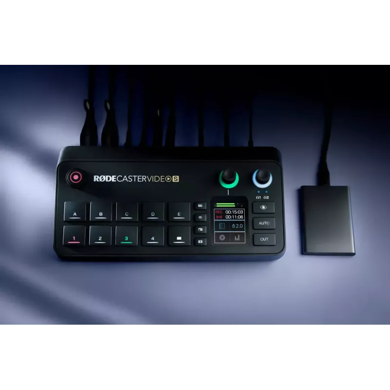 Daudzkanālu podkāstu un tiešraides producēšanas konsole Rode RodeCaster Video S RCVS-E — skārienekrāns, Wi‑Fi, Bluetooth 5.3, 5x USB-C, 3x HDMI ieeja, 1x HDMI izeja, microSD