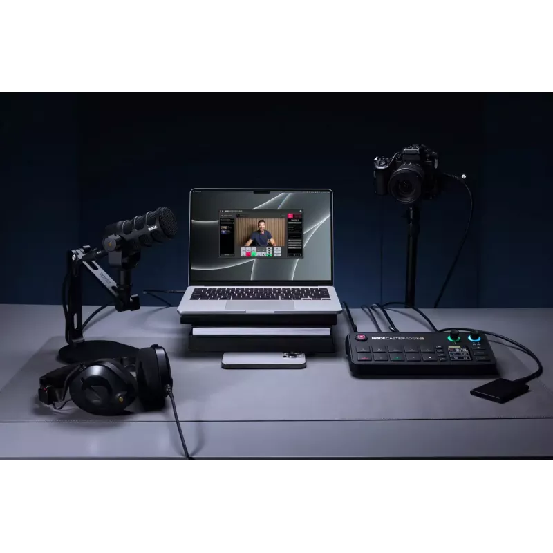 Daudzkanālu podkāstu un tiešraides producēšanas konsole Rode RodeCaster Video S RCVS-E — skārienekrāns, Wi‑Fi, Bluetooth 5.3, 5x USB-C, 3x HDMI ieeja, 1x HDMI izeja, microSD
