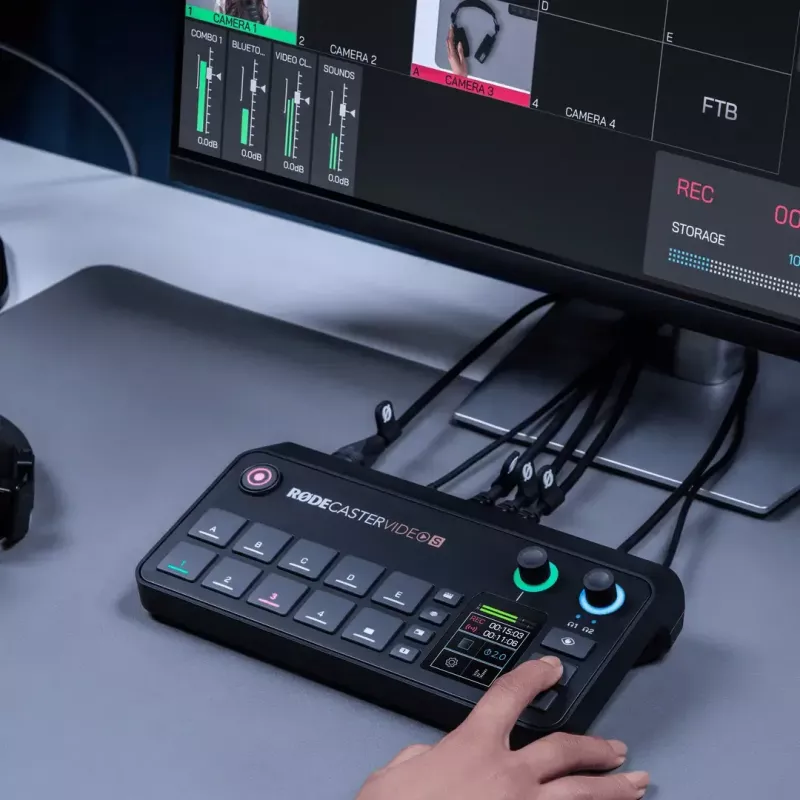 Daudzkanālu podkāstu un tiešraides producēšanas konsole Rode RodeCaster Video S RCVS-E — skārienekrāns, Wi‑Fi, Bluetooth 5.3, 5x USB-C, 3x HDMI ieeja, 1x HDMI izeja, microSD