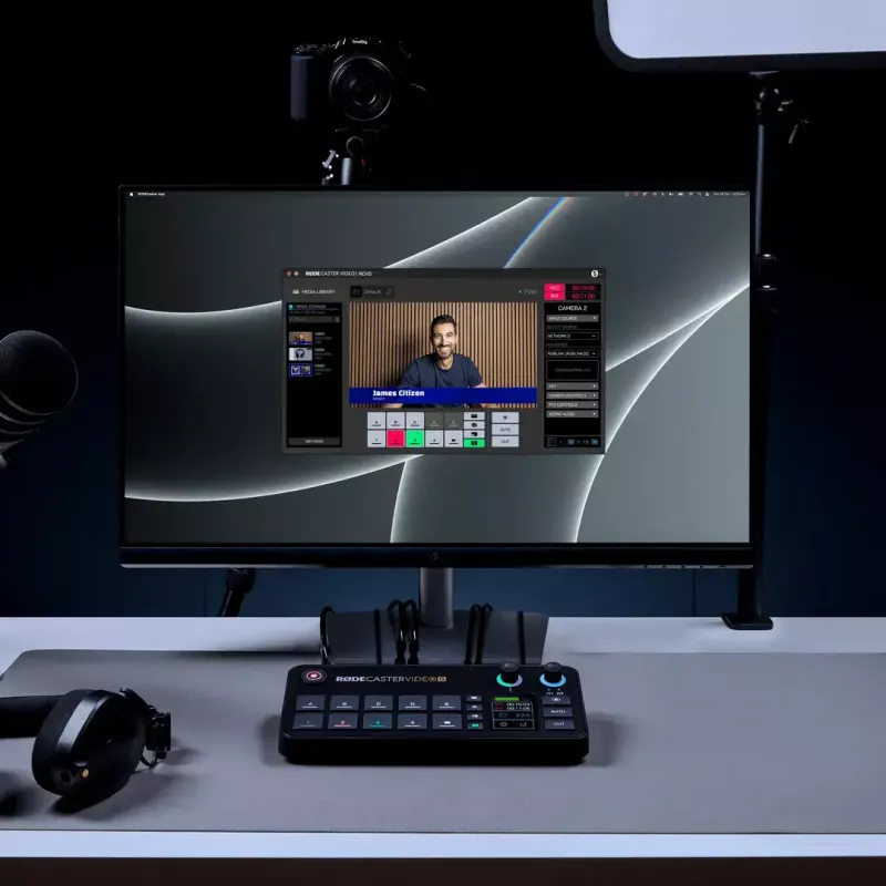 Daudzkanālu podkāstu un tiešraides producēšanas konsole Rode RodeCaster Video S RCVS-E — skārienekrāns, Wi‑Fi, Bluetooth 5.3, 5x USB-C, 3x HDMI ieeja, 1x HDMI izeja, microSD