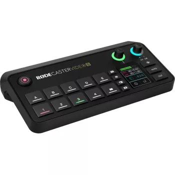 Daudzkanālu podkāstu un tiešraides producēšanas konsole Rode RodeCaster Video S RCVS-E — skārienekrāns, Wi‑Fi, Bluetooth 5.3, 5x USB-C, 3x HDMI ieeja, 1x HDMI izeja, microSD
