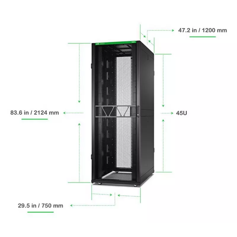 APC NetShelter SX Server Rack Gen 2, 45U, 2124H x 750W x 1200D mm, ar sānu paneļiem, melns