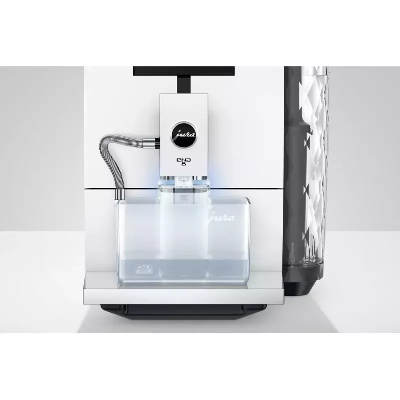 Kafijas automāts JURA ENA 8 (EC) — pilnībā automātisks, 1.1 L ūdens tvertne, 125 g pupiņu tvertne, 15 programmas, 15 bāri, termobloks, Wi‑Fi, balts